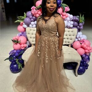 Elegant Tan Lace Evening Gown